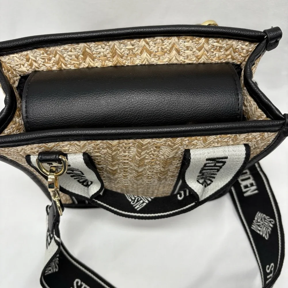 Steve Madden Womens Black Bwebber Straw Satchel Crossbody Purse Bag Earbud Case‎